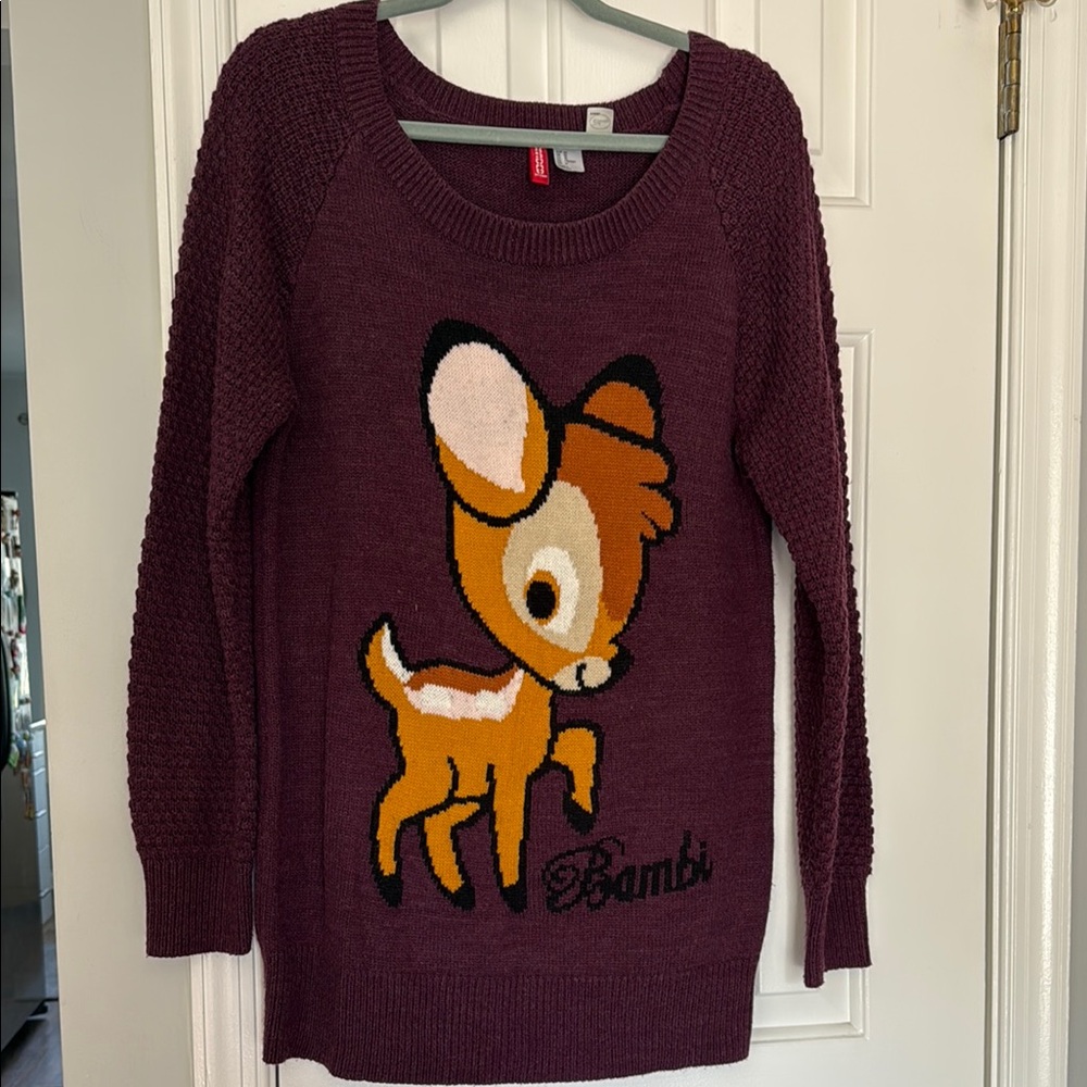 Divided Purple Crew Neck Sweater with Playful Deer Design